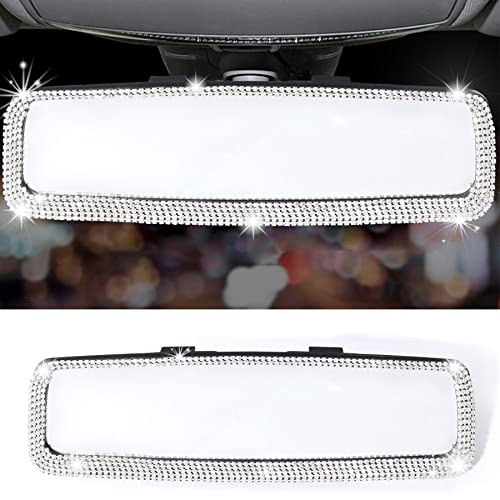 LivTee Bling Car Rearview Mirror, Car Bling Decorations Rear View Mirror with HD Glass, Bling Car Interior Accessories for Women and Teens - White