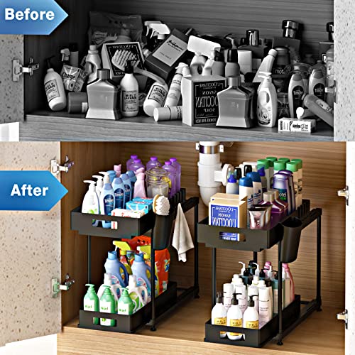 NYYTGE Double Sliding Under Sink Bathroom Organizer, 2 Pack Under Sink Organizers and Storage, Pull Out Kitchen Cabinet Organizer, Under Cabinet Storage Racks for Home Kitchen Organization