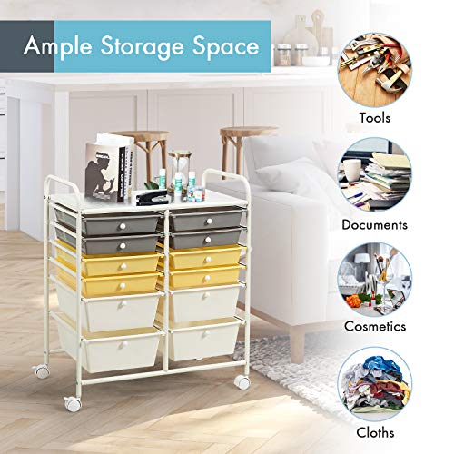 RELAX4LIFE Storage Cart W/12 Drawers Rolling Wheels Semi-Transparent Multipurpose Mobile Rolling Utility Cart for School, Office, Home, Beauty Salon Files Arrangement Storage Organizer Cart (Yellow)