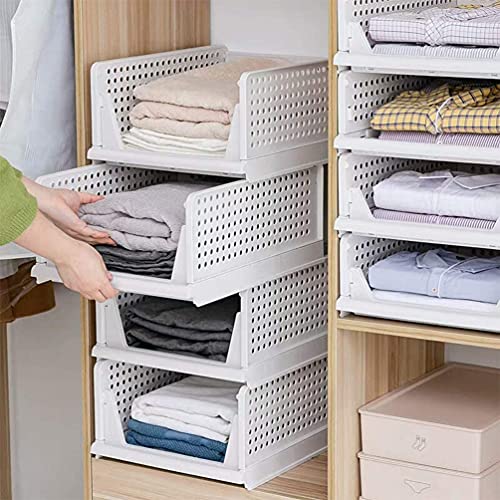 CTSNSLH 4 Pack Folding Closet Organizers Storage Box Plastic Closet Organizer,Stackable Plastic Storage Basket,Drawer Organizers for Clothing(White)