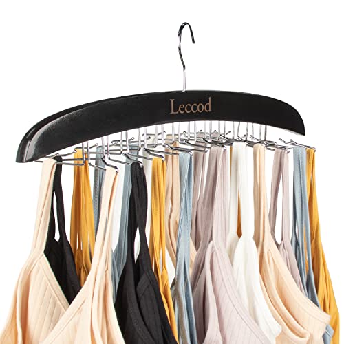 Leccod Upgrade Tank Top Hanger, Bra Hangers Space Saving Wooden 360° Rotating Non-Slip 24 Foldable Metal Hooks Closet Organizer for Camisole, Bathing Suit, Bra, Scarf, Tie and Belt (Black,1 Pack)