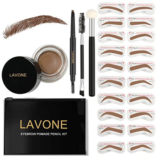 Eyebrow Stamp Stencil Kit for Eyebrows, Brow Stamp Trio Kit with Waterproof Eyebrow Pencil, Eyebrow Pomade, 20 Eyebrow Stencils, Dual-ended Eyebrow Brush and Sponge Applicator - Soft Brown