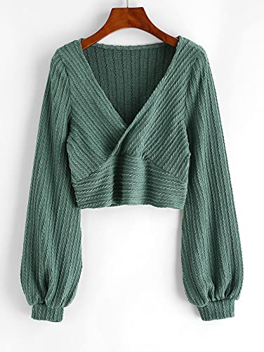 ZAFUL Women's Pullover Ribbed Cropped Knitwear Drawstring Ruched Knitted Crop Top Solid V-Neck Long Sleeve T-Shirt Green