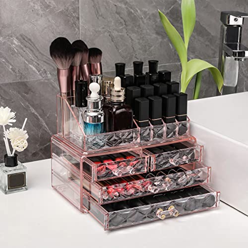 ZHIAI Jewelry and Cosmetic Boxes with Brush Holder - Pink Diamond Pattern Storage Display Cube Including 4 Drawers and 2 Pieces Set