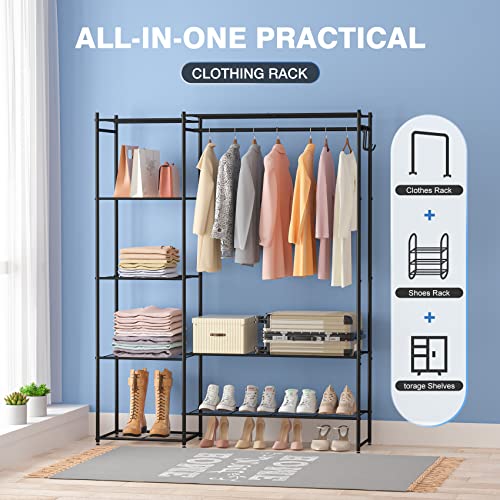 Neprock Clothing Rack with Shelves, Portable Wardrobe Closet for Hanging Clothes with Hanging Rods, Free Standing Closet Rack Shelves Closet Organizers and Storage