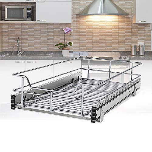 STORKING Pull Out Organizer Single Wire Basket Shelf Sliding Drawer Storage for Kitchen Base Heavy Duty Cabinets, 12”W x 22”D Cabinet Opening Wire Frame Chrome Plating Finish