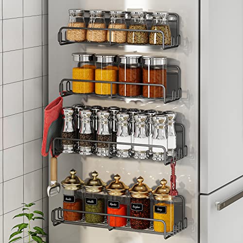 coobest Magnetic Spice Rack for Refrigerator, 4 Pack Magnetic Spice Rack Organizer with Super Strong Magnetic, Metal Kitchen Organization, Spice and Seasoning Organizer, Kitchen Gadgets, Black