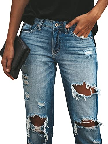 KUNMI Women's Ripped Mid Waisted Boyfriend Jeans Loose Fit Distressed Stretchy Denim Pants