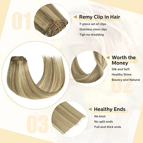 VARIO HAIR Clip in Hair Extensions Blonde Highlighted Human Hair Balayage Hair Extensions Mixed Bleach Blonde 12 Inch 70g Fine Hair Full Head Silky Straight 100% Human Hair Clip In Extensions