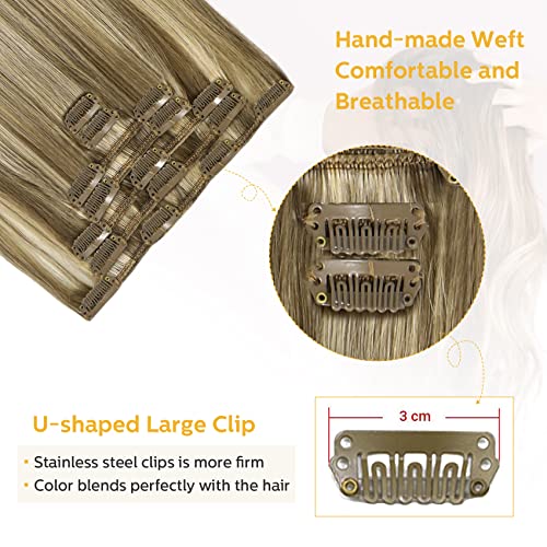 VARIO HAIR Clip in Hair Extensions Blonde Highlighted Human Hair Balayage Hair Extensions Mixed Bleach Blonde 12 Inch 70g Fine Hair Full Head Silky Straight 100% Human Hair Clip In Extensions