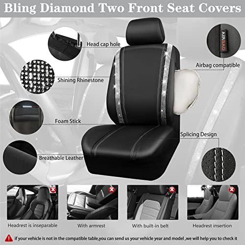 CAR PASS Bling Car Seat Covers, Shining Rhinestone Diamond Waterproof Faux Leather Two Front Only Universal Fit 95% Automotive Glitter Crystal Sparkle Strips for Cute Women Girl, 2PCS (Silver Diamond)