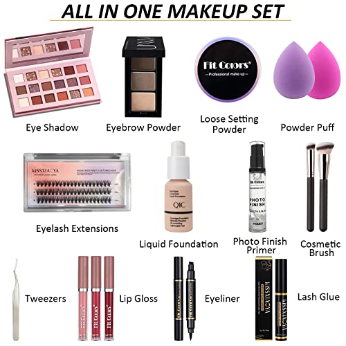 Lookmee All In One Makeup Kit, Makeup Kit for Women Full Kit, Full Makeup Essential Starter Kit for Beginners or Pros, 18 Colors Naked Eyeshadow Palette Nude Face Primer, Makeup Brush, Makeup Sponge, Eyebrow Powder, Winged Eyeliner Stamp (SetA)