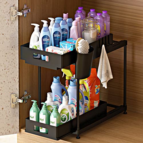 NYYTGE Double Sliding Under Sink Bathroom Organizer, 2 Pack Under Sink Organizers and Storage, Pull Out Kitchen Cabinet Organizer, Under Cabinet Storage Racks for Home Kitchen Organization