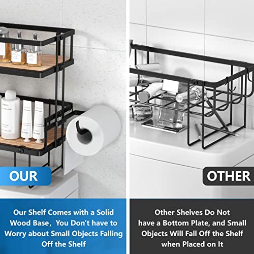 Lorbro Over The Toilet Storage Shelf, Bathroom Storage Organizer with Wooden Bottom Plate & Adhesive Base, Toilet Storage Rack for Paper Towels Shampoos Bathroom Decor (Black, 2-Tier)