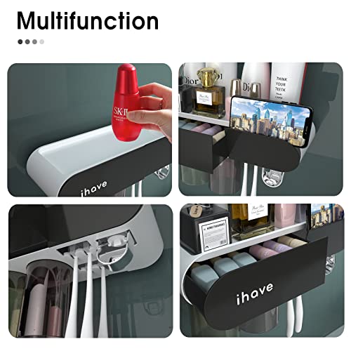 iHave Toothbrush Holders Bathroom Organizer, 2 Cups Toothbrush Holder Wall Mounted with Toothpaste Dispenser Bathroom Accessories Set, Black Tooth Brushing Holder Bathroom Decor for Home or Apartment