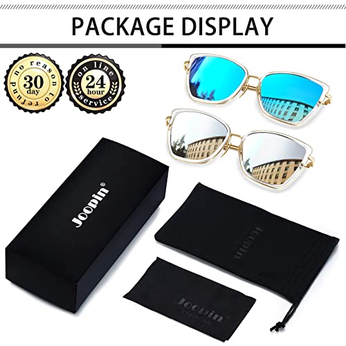 Joopin Oversized Cateye Sunglasses, Trendy Metal Cat Eye Sun Glasses UV Protection, Stylish Becky Shades for Women, Ladies Cute Bold Frame Sunnies (Mirrored Blue + Mirrored Silver)