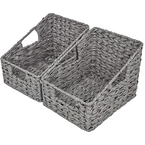 GRANNY SAYS Wicker Basket with Handles, Odorless Woven Trapezoid Basket Waterproof for Organizing Bathroom, Decorative Storage Wicker Baskets for Storage Photo Books, Gray, 2-Pack