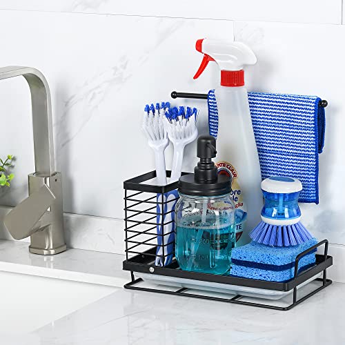 Wetheny Kitchen Sponge Holder-Kitchen Sink Caddy Organizer with Drain Pan 304 Stainless Steel for Sponges, Cleaning Cloth, Scrub Brush, Dish Soap and Hand Sanitizer ( Black )