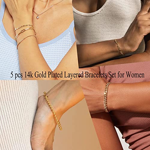 Reoxvo Gold Bracelets Jewelry Set for Women Fashion Dainty Gold Adjustable Layered Link Chain Bracelet Pack for Women 14K Real Gold Cute 5pcs