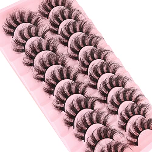 MilyBest Lashes False Eyelashes 10 Pairs 18mm Fluffy Cat Eye Faux Mink Lashes Pestañas Postizas D Curl Volume Fake Lashes Wispy Natural Look Eye lashes Strip Sets Pack