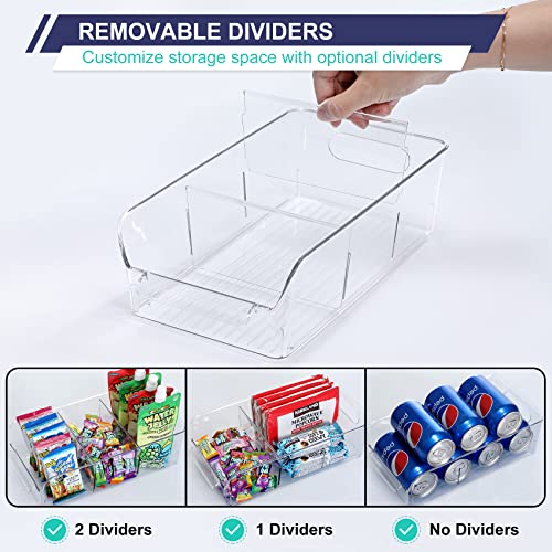 Set of 8, Stackable Clear Bins with Removable Dividers - Food Snack Organizer, Pantry Organization and Storage - Plastic Home Containers - Refrigerator, Fridge, Kitchen Cabinet Organizing Bins