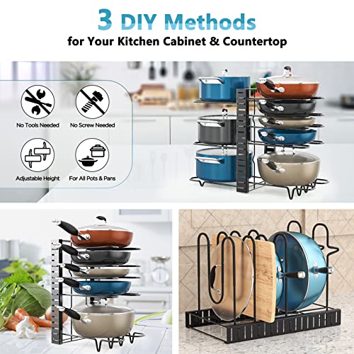 ORDORA Pots and Pans Organizer for Cabinet, 8 Tier Pot Rack with 3 DIY Methods, Adjustable Pan Organizer Rack for Cabinet, Pot Organizer for Kitchen Organization & Storage, Pot Lid Organizer