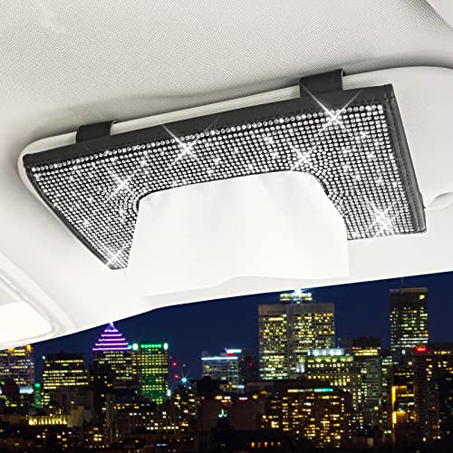 ChuLian Bling Bling Car Sun Visor Tissue Box Holder,Crystal Sparkling Napkin Holder,PU Leather Backseat Tissue Case Car Accessories for Women, Black