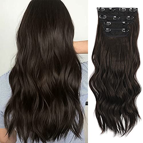 Sué Exquisite 4PCS Clip in Long Soft Glam Waves Thick Hairpieces 20 inches Dark Brown Hair Extensions Synthetic Fiber Double Weft Hair for Women Full Head