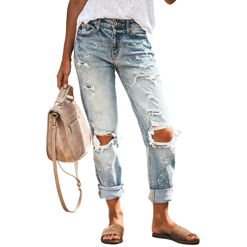 DIFIUPAI Womens Ripped Boyfriend Baggy Mom Denim Jeans(Light Blue,Splatter Paint,Mid Waisted)