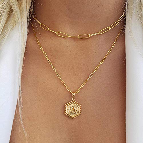 Gold Layering Initial Necklaces for Women, 14K Gold Plated Paperclip Chain Necklace for Women Simple Cute Hexagon Letter Pendant Initial K Necklace Choker Necklaces Dainty Layered Necklaces for Women