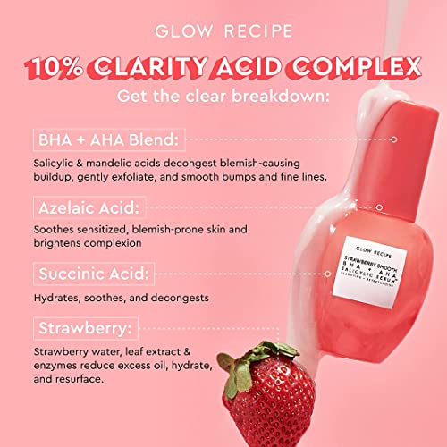 Glow Recipe Strawberry Smooth AHA BHA Salicylic Acid Serum - Daily Hyaluronic Acid Serum with Succinic Acid + Allantoin - Face Clarifying Pore Minimizer + Azelaic Acid for Brightened Complexion (30ml)