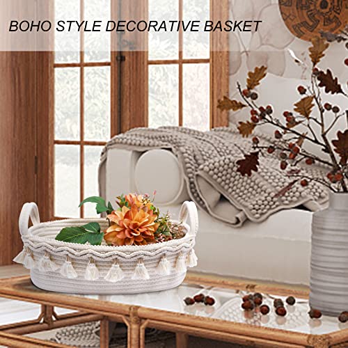 Small Boho Decor Storage Basket Macrame Cotton Rope Woven Baskets for Organizing Toilet Paper Baskets for Bathroom Decor Decorative Basket for Bedroom Nursery Livingroom Entryway,Set of 2,White