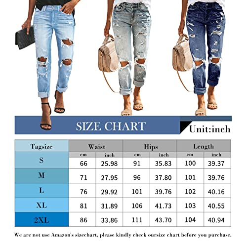 KUNMI Women's Ripped Mid Waisted Boyfriend Jeans Loose Fit Distressed Stretchy Denim Pants