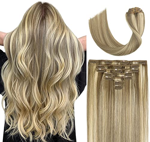 VARIO HAIR Clip in Hair Extensions Blonde Highlighted Human Hair Balayage Hair Extensions Mixed Bleach Blonde 12 Inch 70g Fine Hair Full Head Silky Straight 100% Human Hair Clip In Extensions