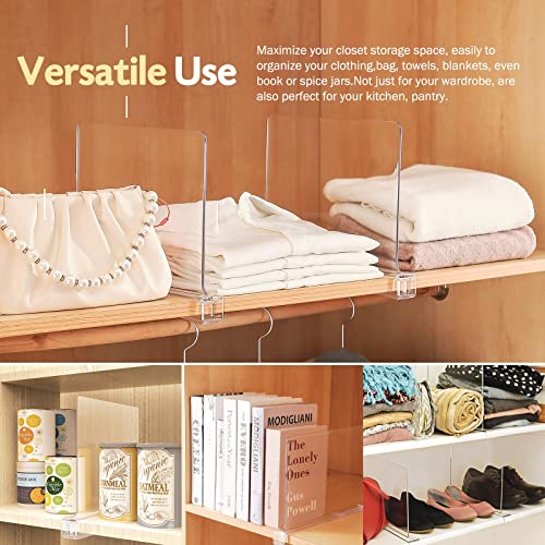 Sclvdi Acrylic Shelf Dividers,4 Pcs Closets Shelf Organizer for Clothing Handbags Books in Pantry, Bedroom and Kitchen, Adjustable Clear Closet Separator Wood Shelves Organize