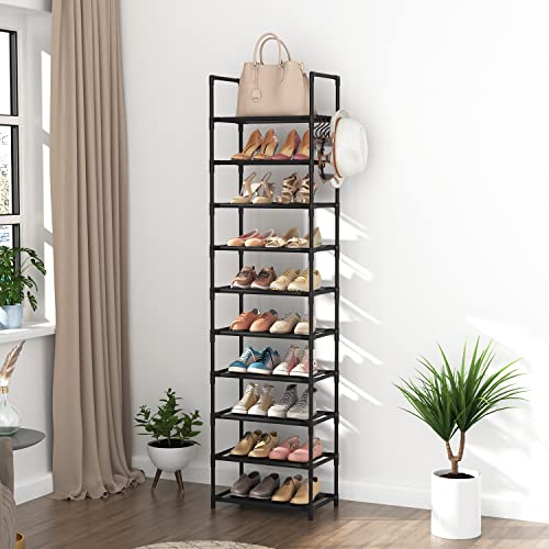 LANTEFUL 10 Tiers Tall Shoe Rack 20-25 Pairs Shoe and Boots Organizer Storage Sturdy Shoe Shelf, Narrow Shoe Rack for Entryway, Black Shoe Organizer for Closets with Hooks