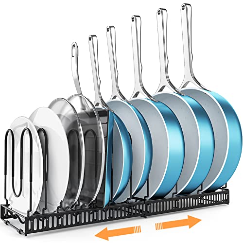 ORDORA Pot and Pan Organizer Rack for Cabinet - Expandable Cutting Board Pot Lid Organizer Holder with 11 Adjustable Dividers for Kitchen Cabinet Cookware Baking Frying Rack