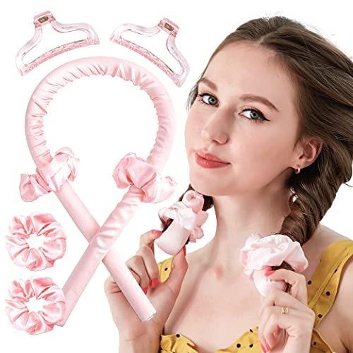 Heatless Curling Rod Silk Headband, No Heat Curls Hair Rollers with Ribbons Sleeping Soft Wave Formers Hair Curlers DIY Hair Styling Tools for Long Medium Hair (Light Pink)