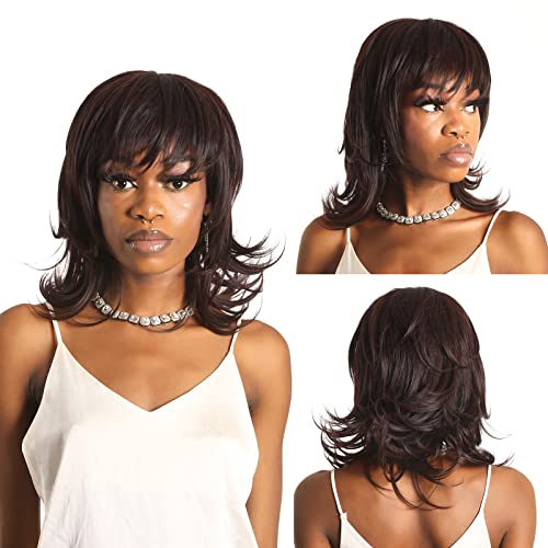 Layered Bob Wig for Women with Bangs Flip Out Shoulder Length Wig Short Straight Wavy Wig Synthetic Heat Resistant Hair Cosplay Wig for Daily