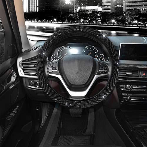 Valleycomfy Steering Wheel Cover for Women Men Bling Bling Crystal Diamond Sparkling Car SUV Wheel Protector Universal Fit 15 Inch (Black with Black Diamond, Standard Size(14" 1/2-15" 1/4))