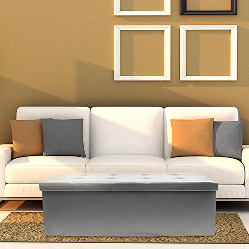 Sorbus Storage Bench Chest – Collapsible/Folding Bench Ottoman with Cover – Perfect Hope Chest, Pouffe Ottoman, Coffee Table, Seat, Foot Rest, and More – Contemporary Faux Leather, Large (Gray)