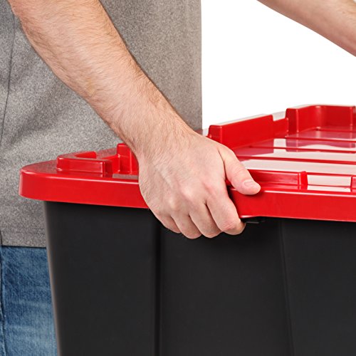 IRIS USA 27 Gallon Large Heavy-Duty Storage Plastic Bin Tote Organizing Container with Durable Lid, Black/Red, 4 Pack