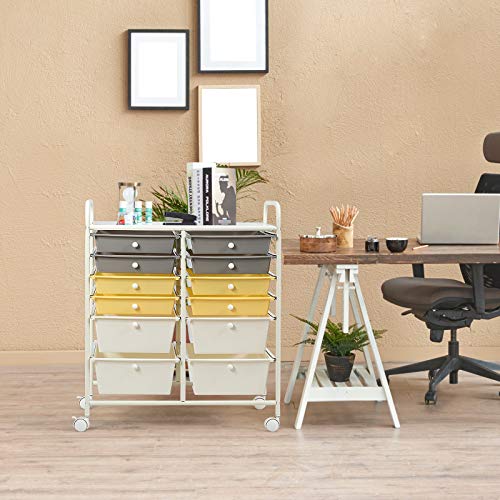 RELAX4LIFE Storage Cart W/12 Drawers Rolling Wheels Semi-Transparent Multipurpose Mobile Rolling Utility Cart for School, Office, Home, Beauty Salon Files Arrangement Storage Organizer Cart (Yellow)