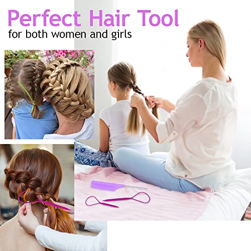 Hair Tail Tools, TsMADDTs 3Pack Hair Loop Tool Set with 2Pcs French Braid Tool Loop 1Pcs Rat Tail Comb Metal Pin Tail Braiding Comb for Hair Styling, Purple