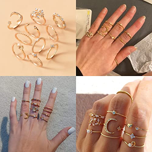 HUASAI Gold Stacking Rings for Women Butterfly Knuckle Rings Snake Rings Moon Star Rings Heart Stacking Rings for Girls(Moon Star Ring Set)