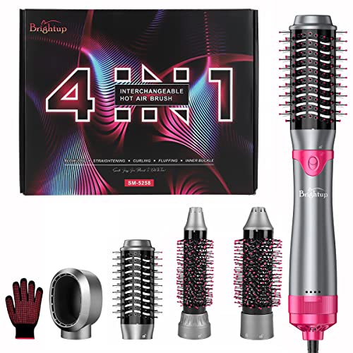 Brightup Hair Dryer Brush & Volumizer with Negative Ionic Technology, Detachable & Interchangeable Brush Head, Hot Air Brush for Curling, Straightening & Styling, Heat Protective Glove Included