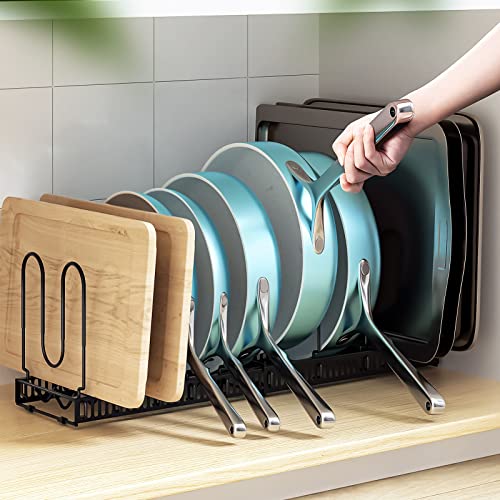 ORDORA Pot and Pan Organizer Rack for Cabinet - Expandable Cutting Board Pot Lid Organizer Holder with 11 Adjustable Dividers for Kitchen Cabinet Cookware Baking Frying Rack