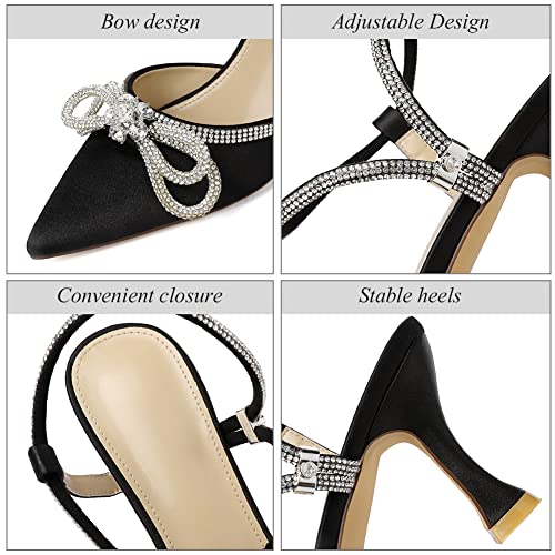 Susanny Black Rhinestone Heels for Women Bow Heels Evening Party Ankle Strap Closed Toe Pumps Office Kitten Heels Dress Heeled Prom Shoes 7.5