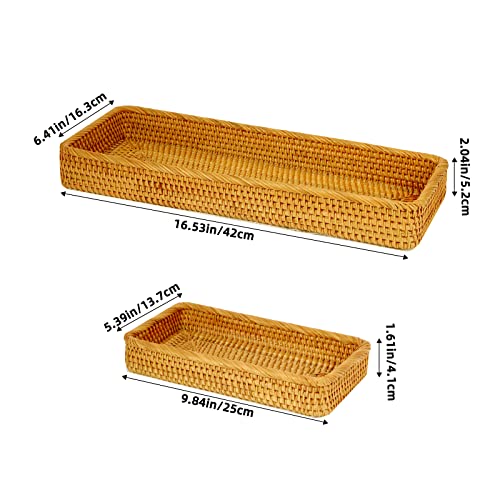 Shrandi Rattan Tray For Bathroom Countertop, Wicker Toilet Tank Basket, Woven Storage Baskets For Organizing, 2 Pack/Honey Brown