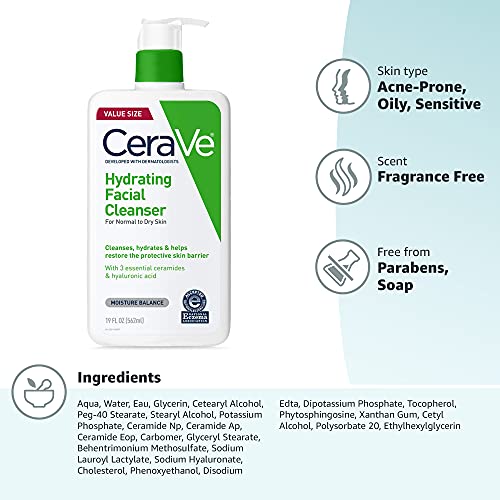 CeraVe Hydrating Facial Cleanser | Moisturizing Non-Foaming Face Wash with Hyaluronic Acid, Ceramides and Glycerin | Fragrance Free Paraben Free | 19 Fluid Ounce